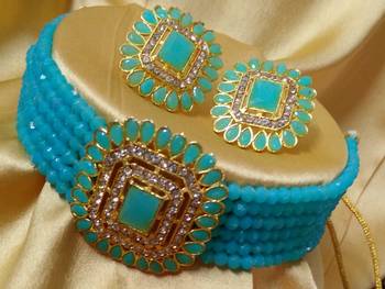 Light Blue Crystal Square CZ Stone Choker Jewellery Set 1