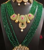 Green Crystal Brass Choker and Raani Haar Style Combo Jewellery Set