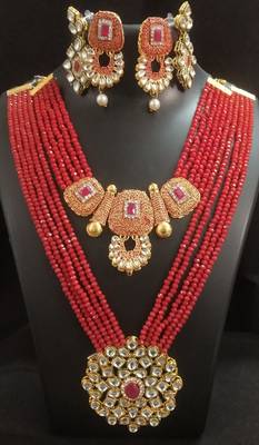 Red Crystal Brass Choker and Raani Haar Style Combo Jewellery Set 1