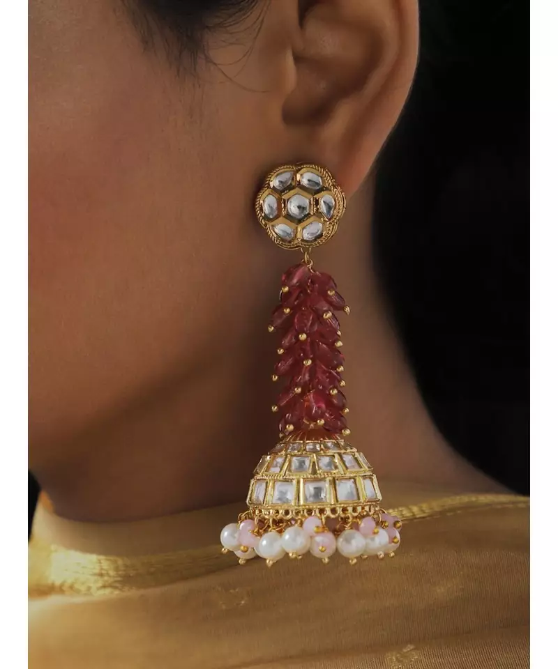 Ethnic Pink Jade Gold and Off White Latkan Jhumaka