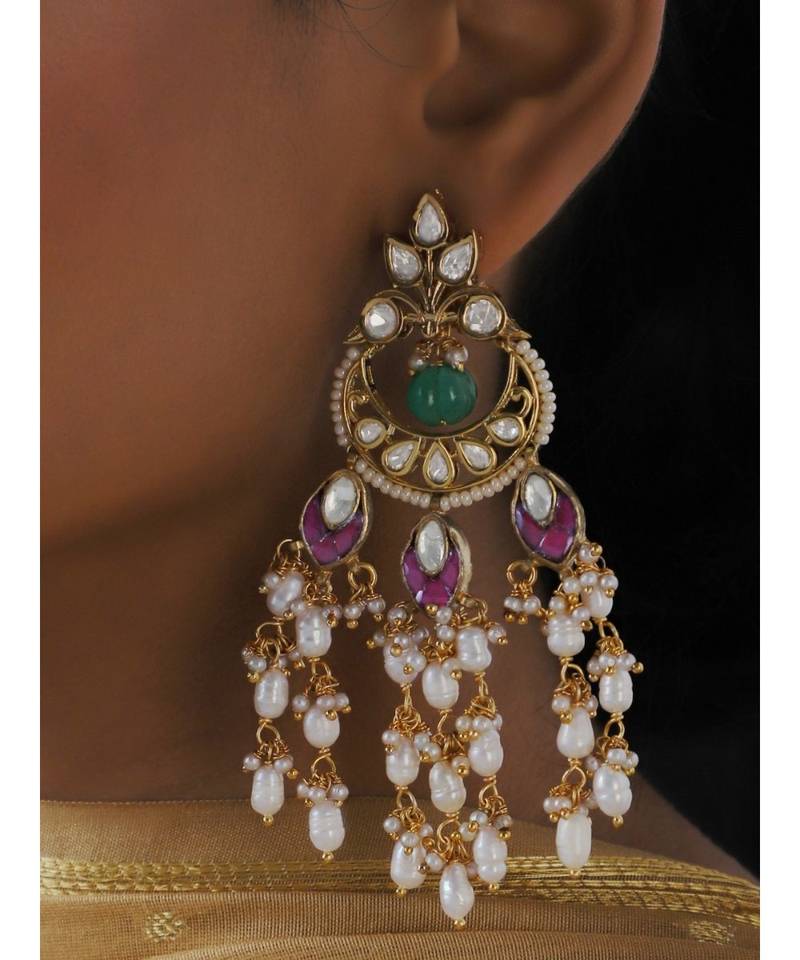 Ethnic Red Green and White Chandbali Danglers