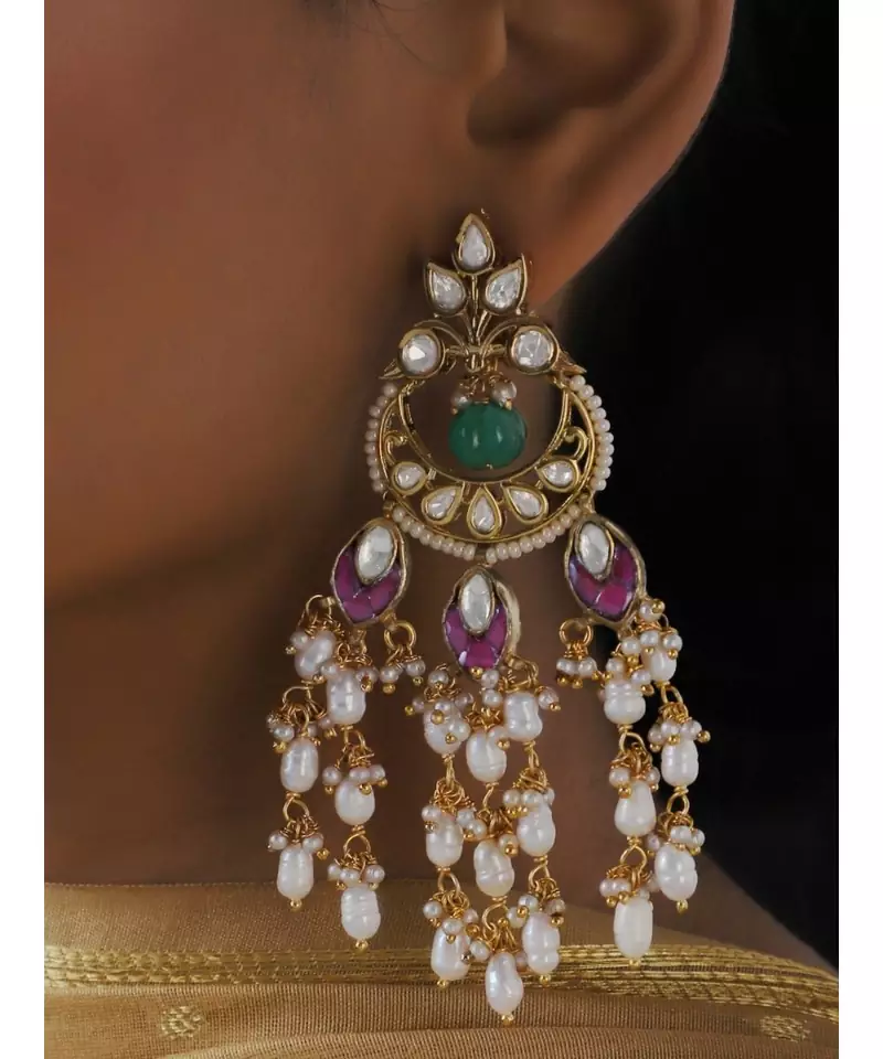 Ethnic Red Green and White Chandbali Danglers