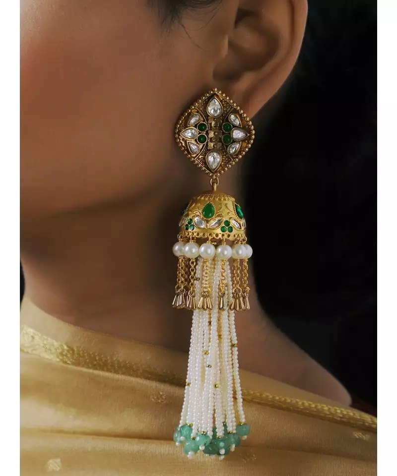 Antique Gold Green and White Dome Jhumki