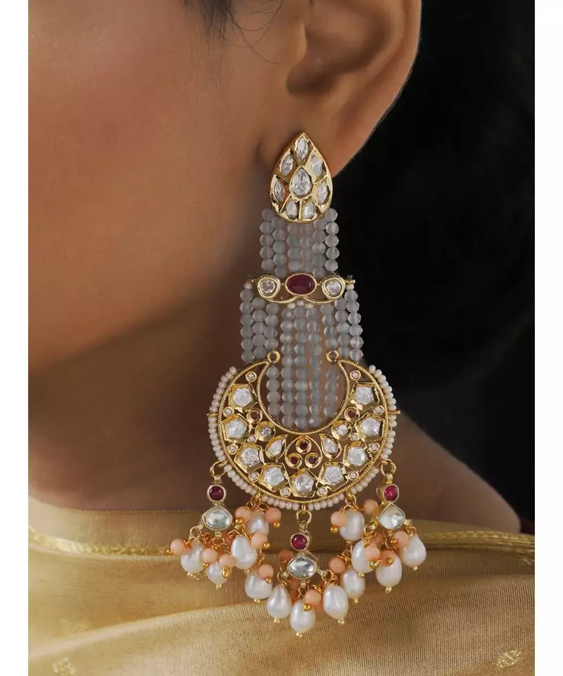 Traditional Grey and Red Dangler Chandbali