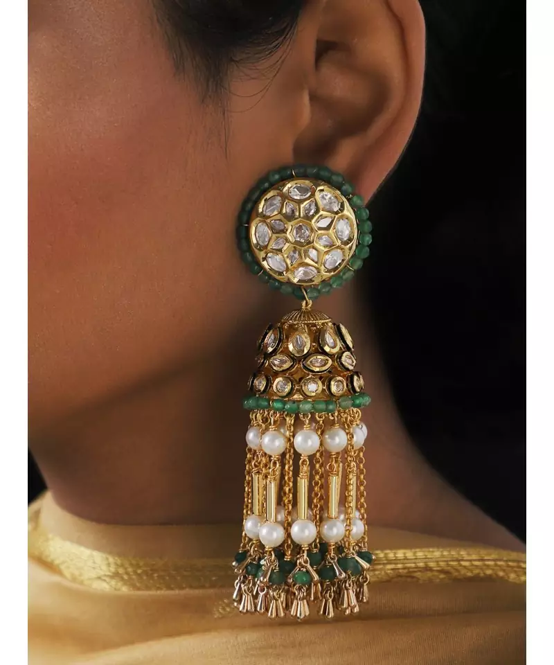 Vintage Green and Gold Tassel Jhumki