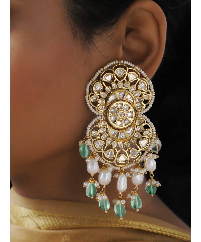 White Green Full Kundan Chandelier Dangler