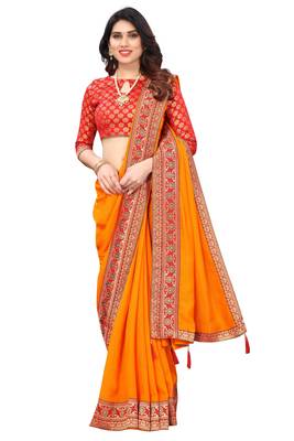 Mustar Vichitra Silk Plain Bollywood Saree With Banarasi Silk Blouse. 1