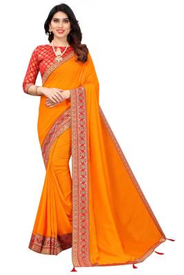 Mustar Vichitra Silk Plain Bollywood Saree With Banarasi Silk Blouse. 2