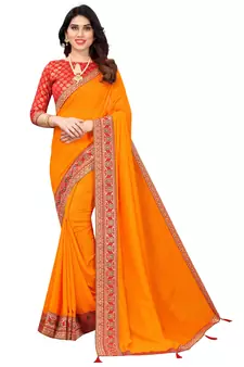 Mustar Vichitra Silk Plain Bollywood Saree With Banarasi Silk Blouse.