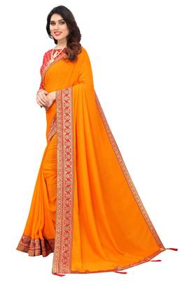 Mustar Vichitra Silk Plain Bollywood Saree With Banarasi Silk Blouse. 3