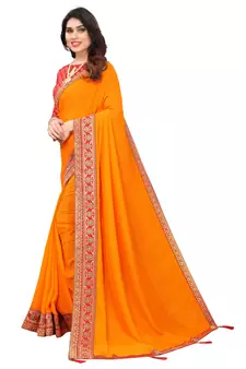 Mustar Vichitra Silk Plain Bollywood Saree With Banarasi Silk Blouse.