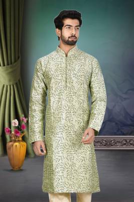 Green printed art silk kurta-pajama 1