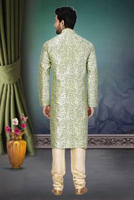Green printed art silk kurta-pajama 2
