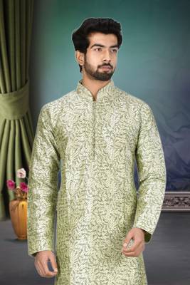 Green printed art silk kurta-pajama 4
