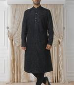 Black printed blended cotton kurta-pajama