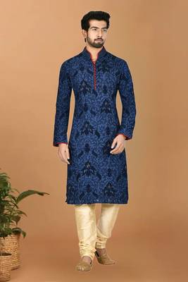 Blue printed art silk kurta-pajama 1