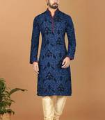Blue printed art silk kurta-pajama
