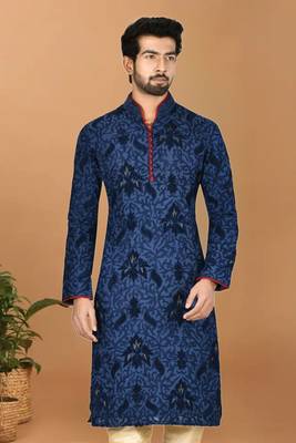 Blue printed art silk kurta-pajama 3