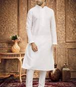 White printed art silk kurta-pajama