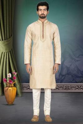 White printed blended cotton kurta-pajama 1