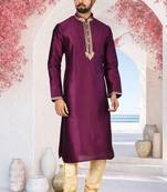 Purple printed art silk kurta-pajama