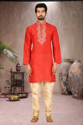Orange printed blended cotton kurta-pajama 1