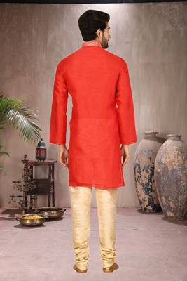 Orange printed blended cotton kurta-pajama 2