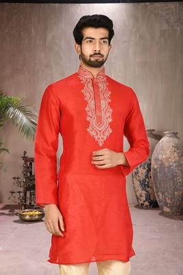 Orange printed blended cotton kurta-pajama 4