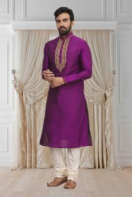 Purple printed blended cotton kurta-pajama 1
