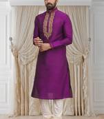 Purple printed blended cotton kurta-pajama