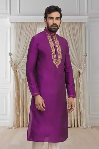 Purple printed blended cotton kurta-pajama