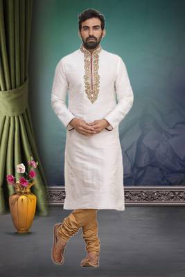 White embroidered art silk kurta-pajama 1