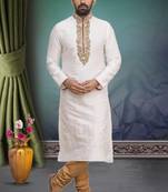 White embroidered art silk kurta-pajama