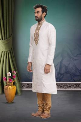 White embroidered art silk kurta-pajama 3