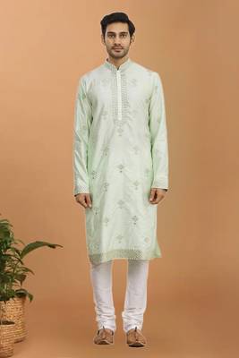 Green printed blended cotton kurta-pajama 1