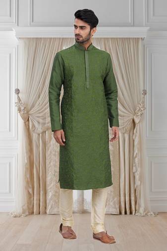 Green embroidered art silk kurta-pajama