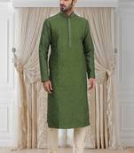 Green embroidered art silk kurta-pajama