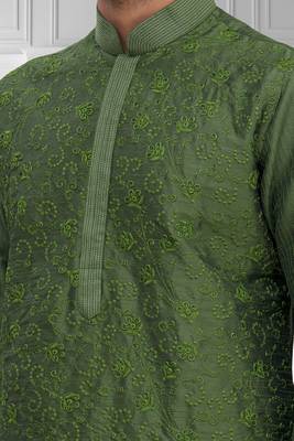 Green embroidered art silk kurta-pajama 4