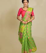 Green Woven Blended Cotton Saree Without Blouse