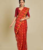 Red Woven Blended Cotton Saree Without Blouse