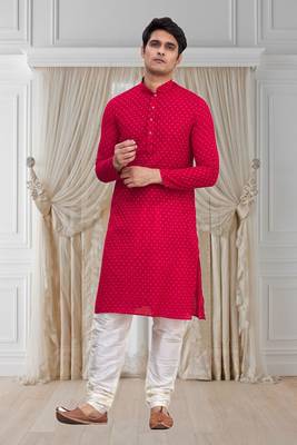 Orange printed blended cotton kurta-pajama 1
