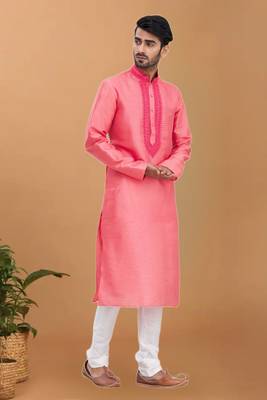 Pink printed art silk kurta-pajama 1