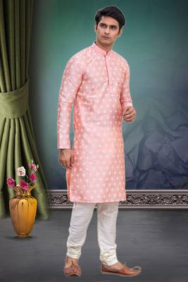 Pink printed blended cotton kurta-pajama 1