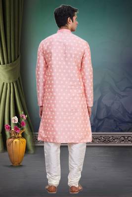 Pink printed blended cotton kurta-pajama 2