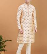 Gold printed art silk kurta-pajama