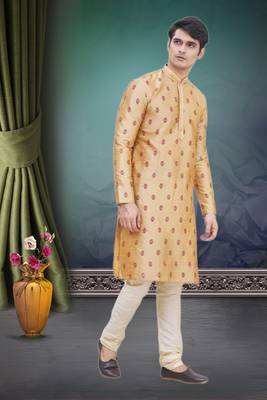 Gold printed art silk kurta-pajama 1