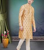 Gold printed art silk kurta-pajama