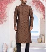 Brown embroidered art silk kurta-pajama