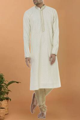 White printed blended cotton kurta-pajama 1