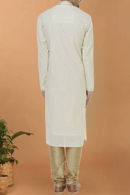 White printed blended cotton kurta-pajama 2